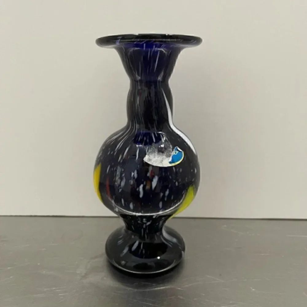 Murano Vase Dark Blueย Millefiori White yellow RedโSwirlโSpeckledโโ5.5"โTallโbyโ2